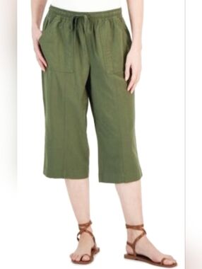 Karen Scott 100% Cotton Olive Green Cropped Drawstring Pants 2X